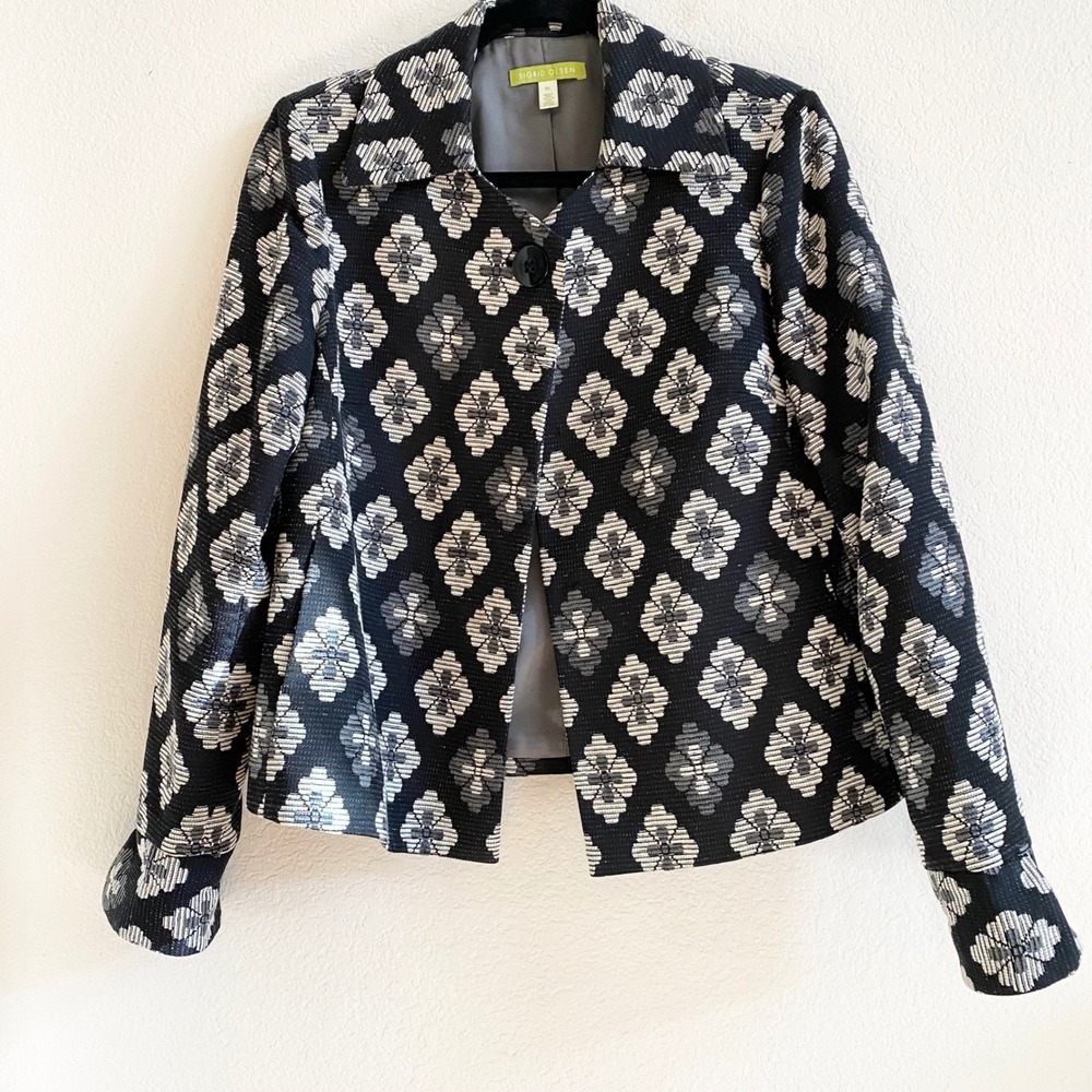 Sigrid Olsen‎ Womens Blazer Size 10 Black White Geometric Flower Pattern Jacket